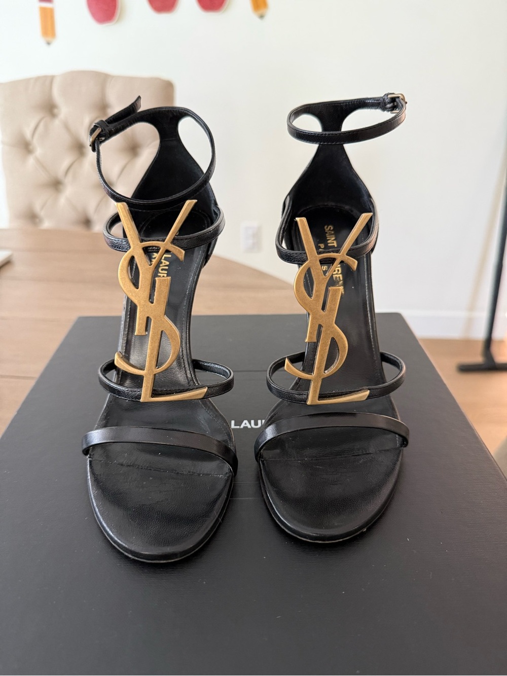 Saint Laurent Black Leather Heels with Gold YSL Logo T-Strap